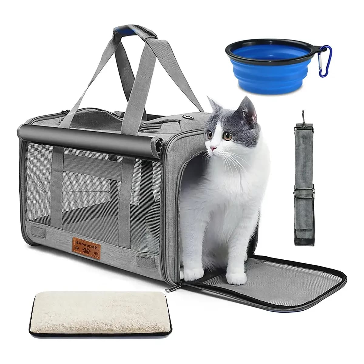 Bolsa Transporte Pet Cães Gatos Viagem Avião com Almofada 46×30×30cm Cinza