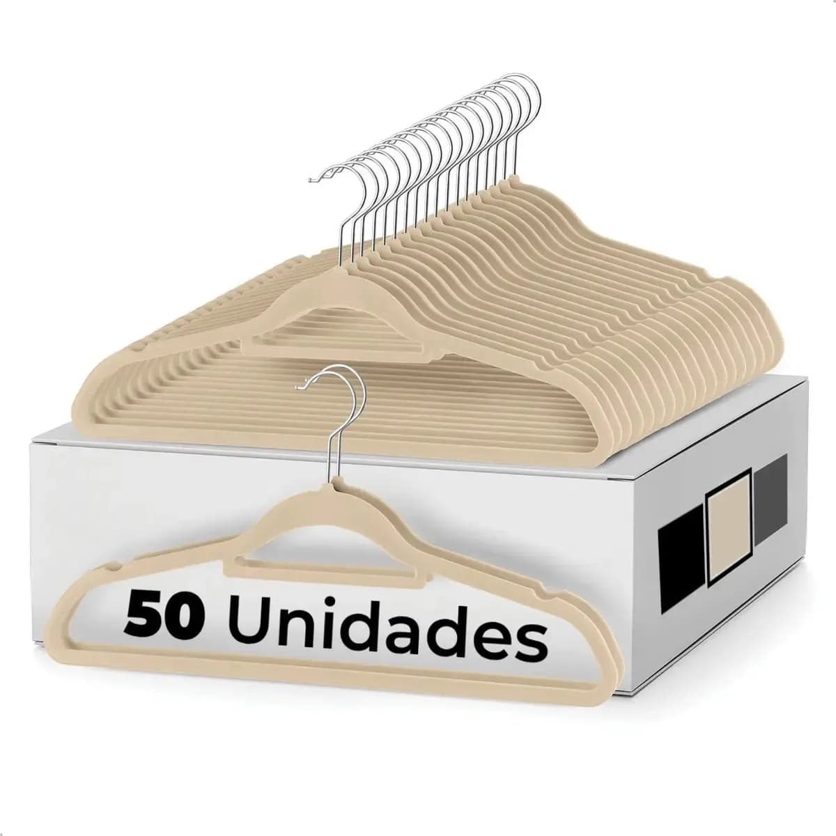 Kit 50 Cabide Adulto Veludo Bege Gancho Antideslizante 45cm Bege