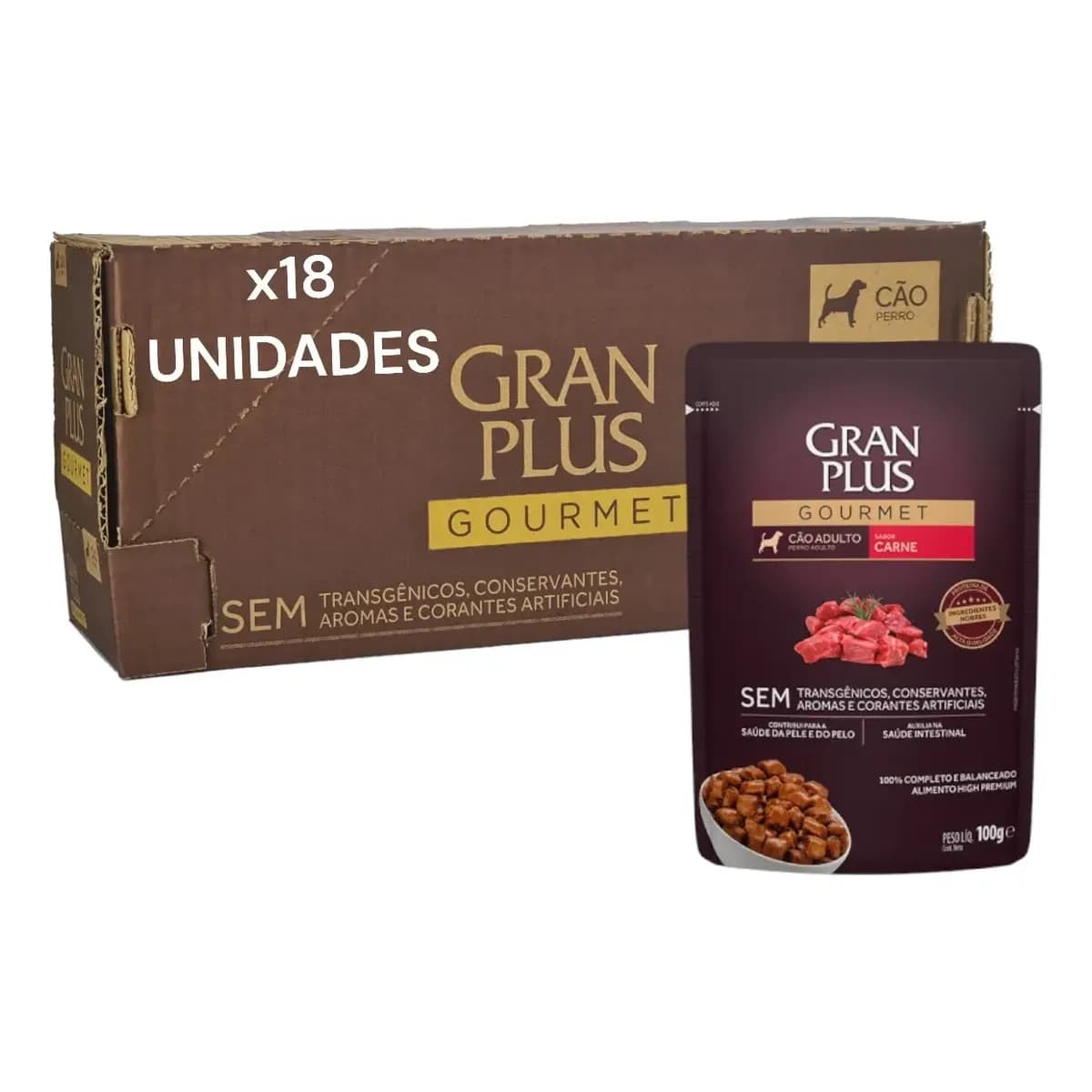 Sachê Gran plus Carne Cães Adultos caixa com 18 Sachês, 100g cada