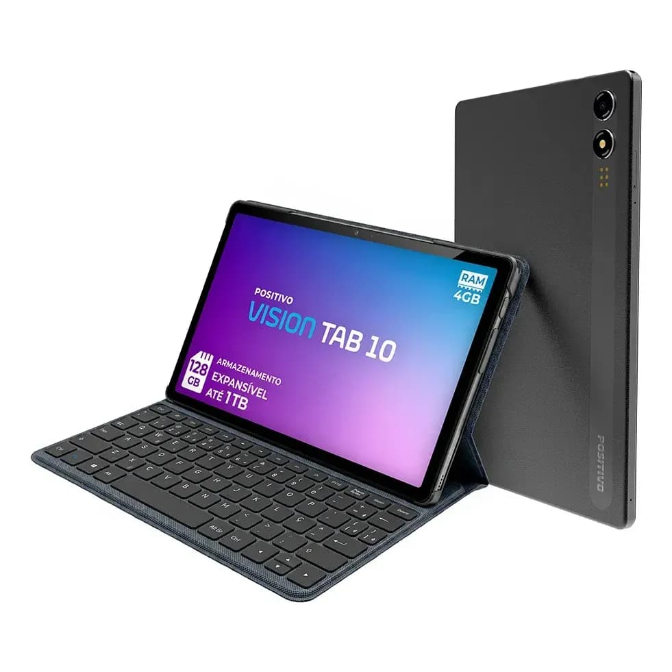 Positivo Vision TAB10 T3010 4GB RAM 128GB SSD com Capa Teclado Octa-Core 5 13MP Bateria 6000mAh Tela 10.1“ HD Wifi AC e 4G Full Lamination - Preto