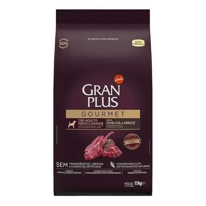 Gran Plus Gourmet Alimento para cão adulto de raça média e grande sabor ovelha e arroz em sacola de 15kg