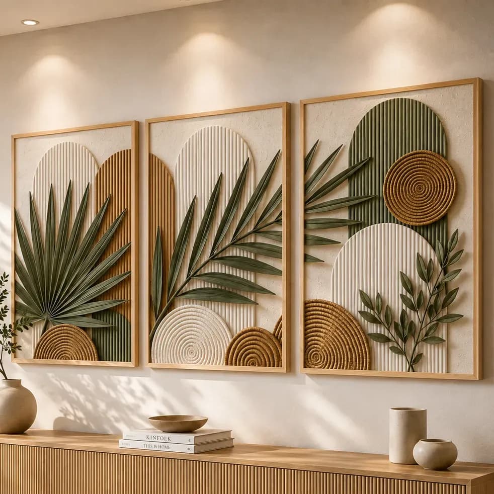 Quadro Decorativo Trio Folhagem Botânica Com Moldura Grande Bege