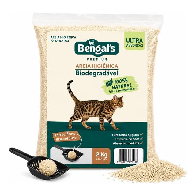 Areia Higiênica Biodegradável Gato Mandioca Fina Bengals 2kg