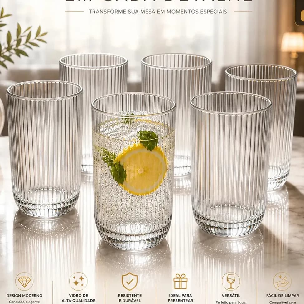 Jogo 6 Copos Vidro Canelado 423ml Moderno Elegante Premium Vinho Água Suco Drinks Gin Whisky Jogo Copos Taça Copo Conjunto Design Luxo Texturizado Cozinha Restaurante Decoração - Ponte Lar Utilidades
