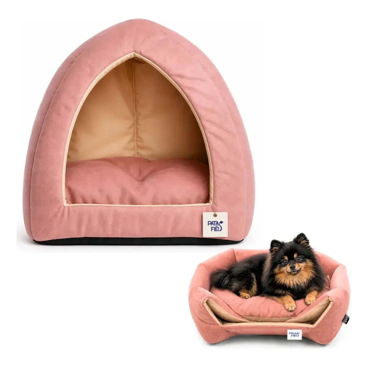 Caminha Casinha Cachorros Pet Toca Iglu 2 em 1 Inverno Suede Confortável - Patas Fiéis Rosa E Bege Liso