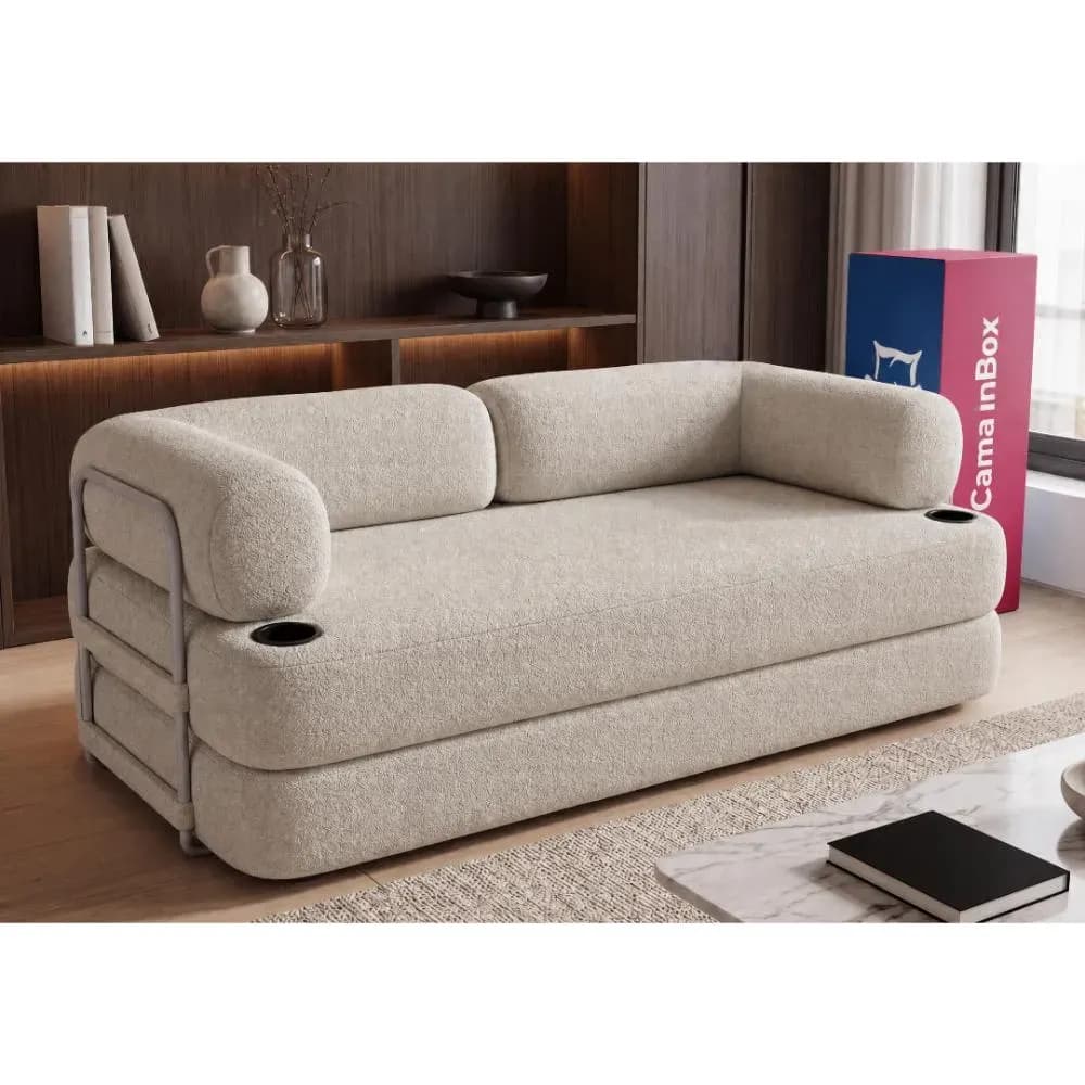 Sofá Cama Orbe. 1,90m Xpand Tech Tecido Boucle Cama Inbox Bege Liso