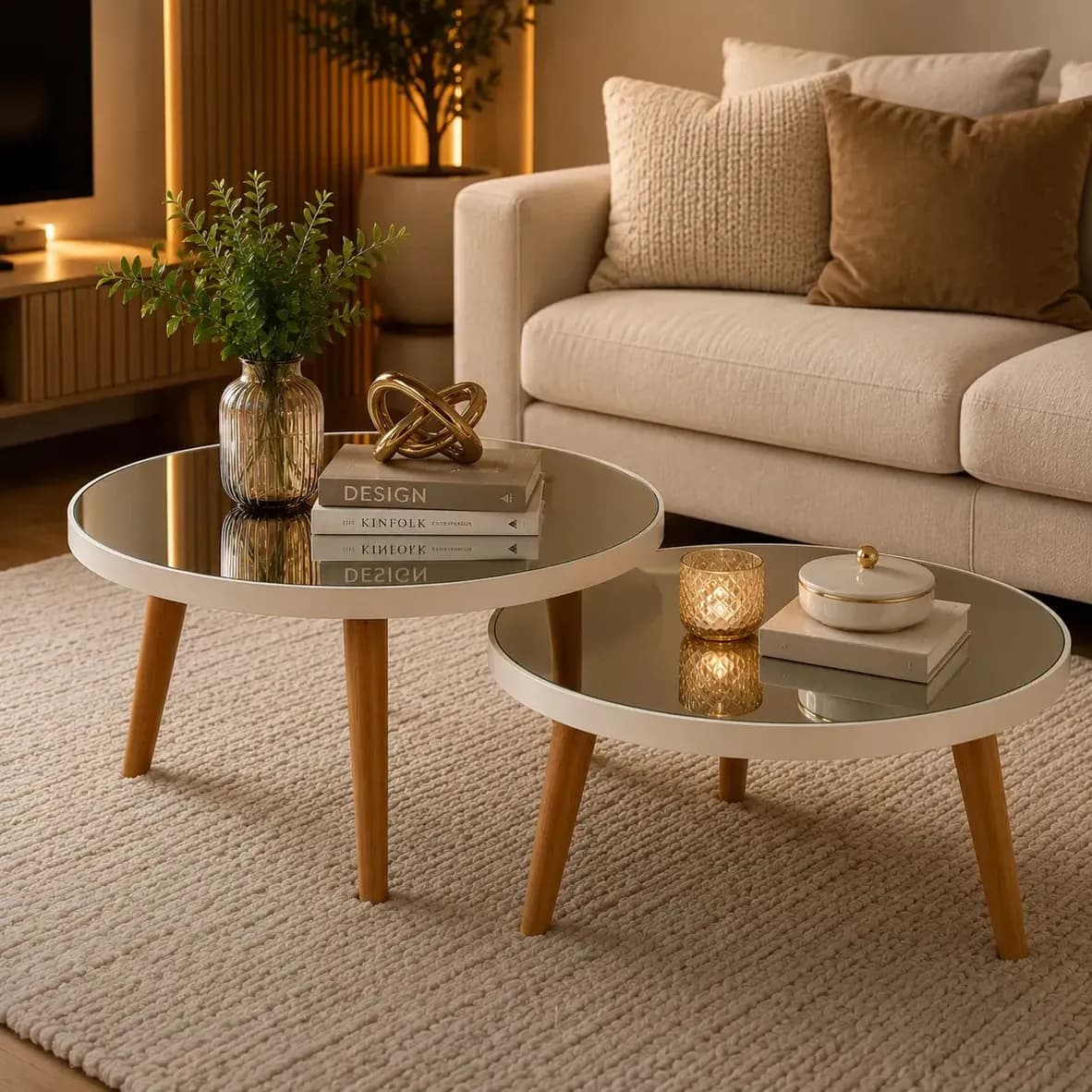 Mesa de Centro Decorativa Conjunto Redonda Mesinha de Apoio com Pés Palito Fit Branca Demoglass