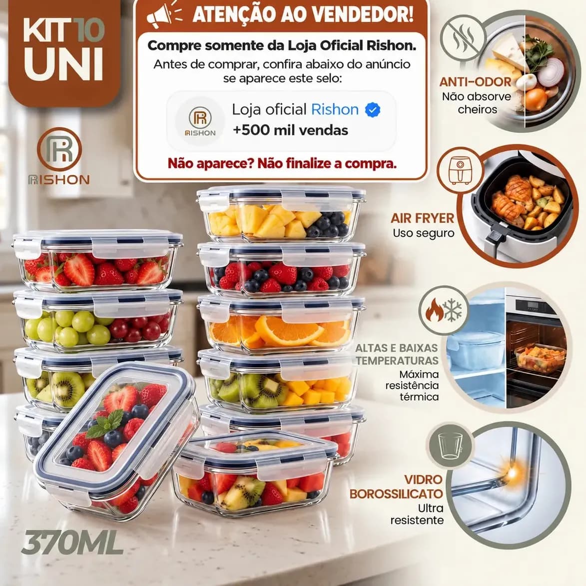 Kit 10 Pote De Vidro Marmita Hermético 370ml Freezer Fitness Rishon