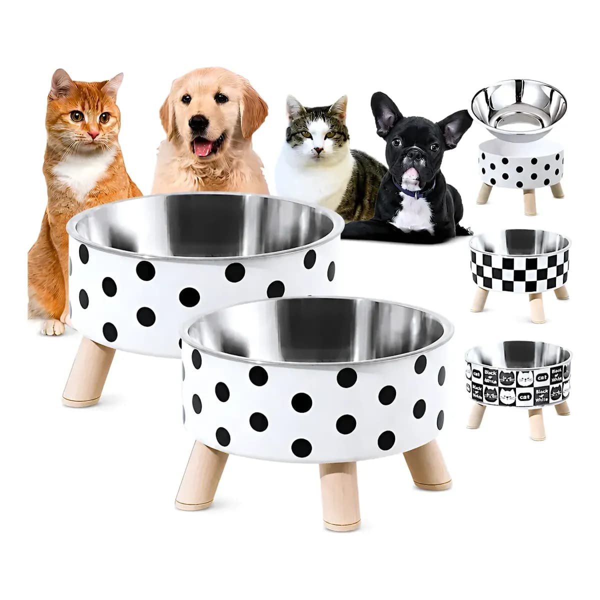 2 Comedouro Bebedor Inox Elevado Ração Agua Cachorro Gato Manual Lunares