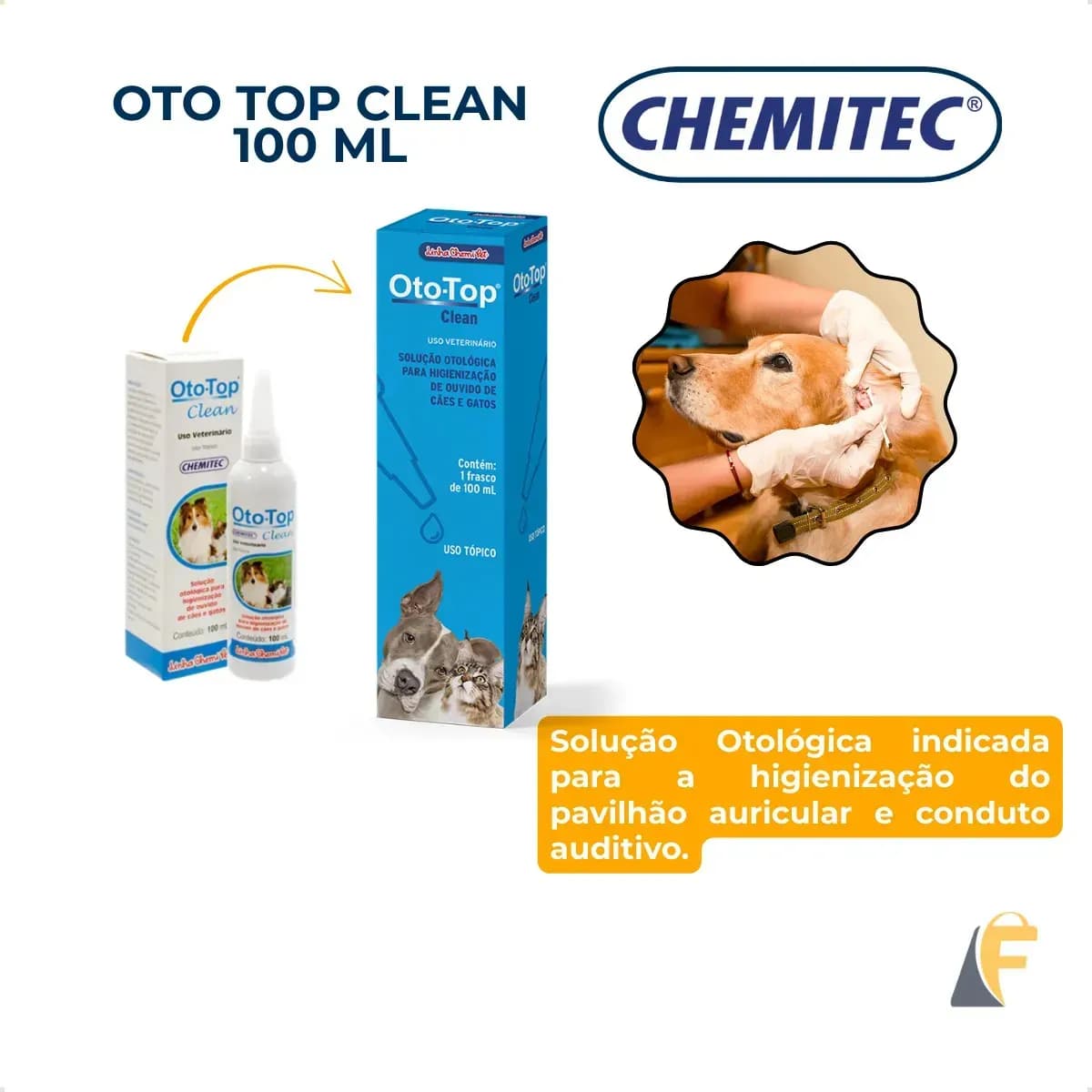 Oto-Top Clean 100ml Solução Otológica para Cães e Gatos Limpeza Auricular Chemitec