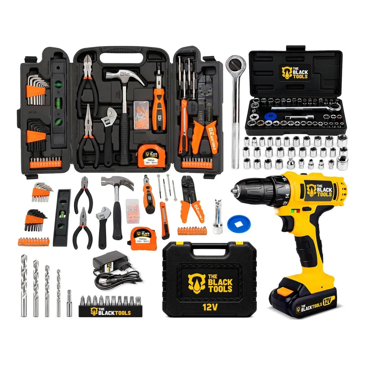 Kit Parafusadeira/Furadeira A Bateria 12V 3/8 Polegadas 10Mm + Jogo De Ferramentas 169 Peças Com Maleta The Black Tools