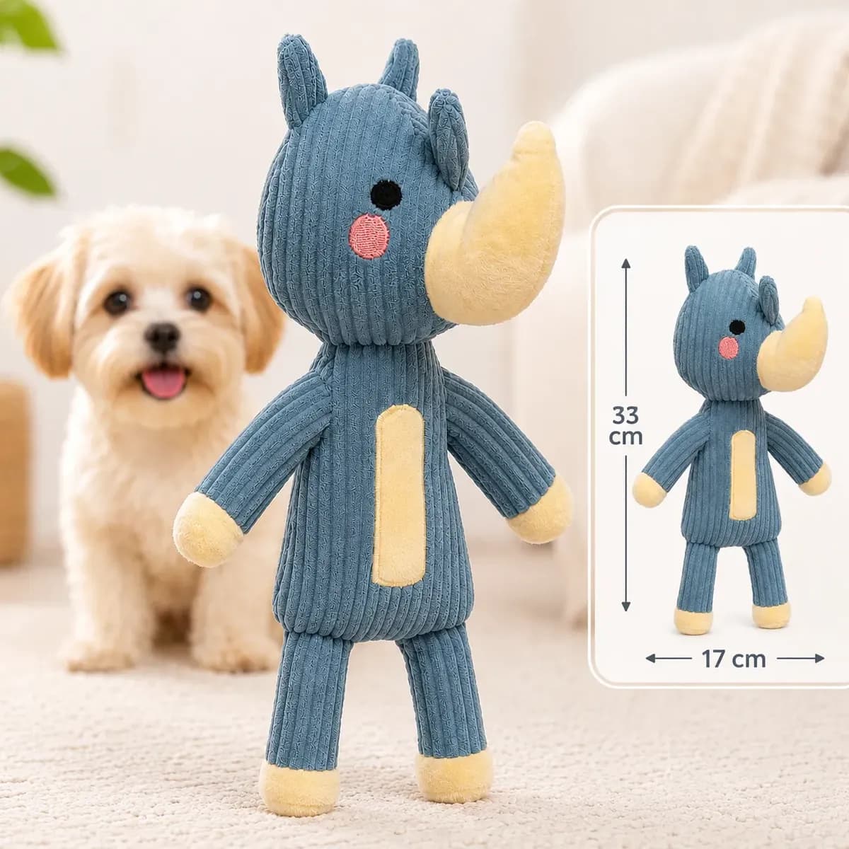 Brinquedo Pelúcia Pet Mordedor Apito Cachorro Caes Diversão Azul-aço Rinoceronte