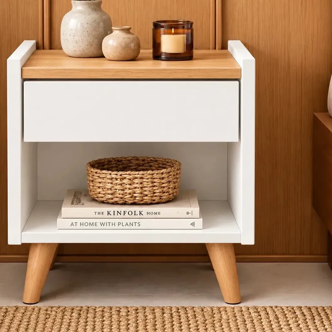 Mesinha de Cabeceira criado com gaveta para quarto de casal ou solteiro na cor Nature Amadeirado Branco Fosco Retro Luxo