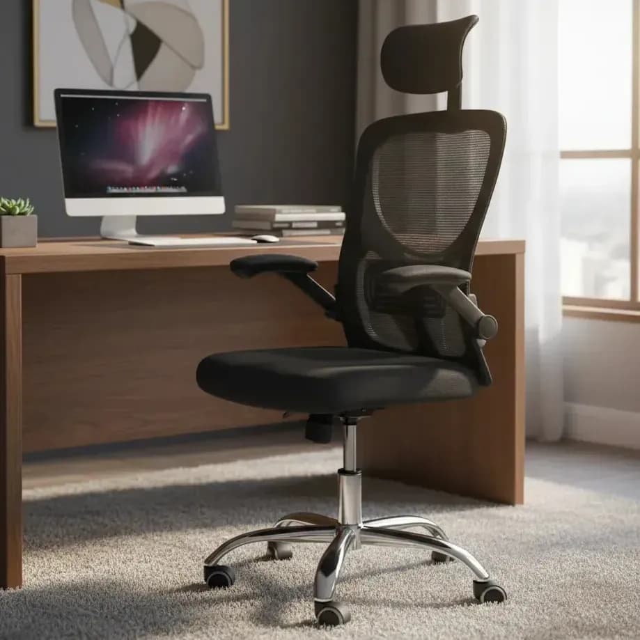 Cadeira De Escritório Ergonômica Ravena Apoio Lombar E Nuca Preto Espuma, Mesh Respirável