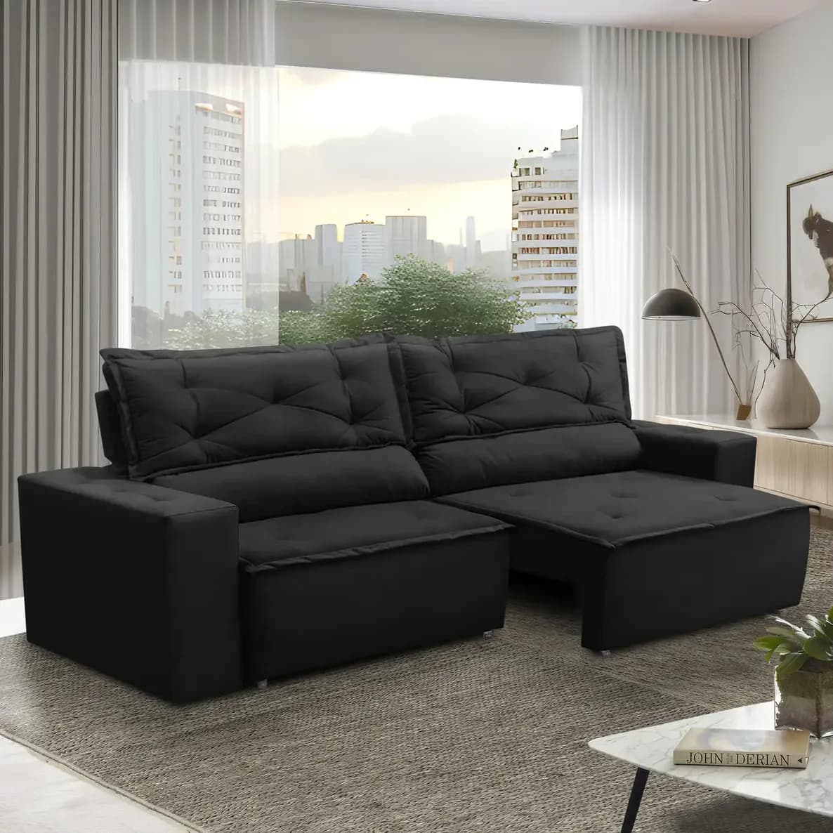 Sofá Retrátil E Reclinável Com Molas 1,80m Livia Suede Preto