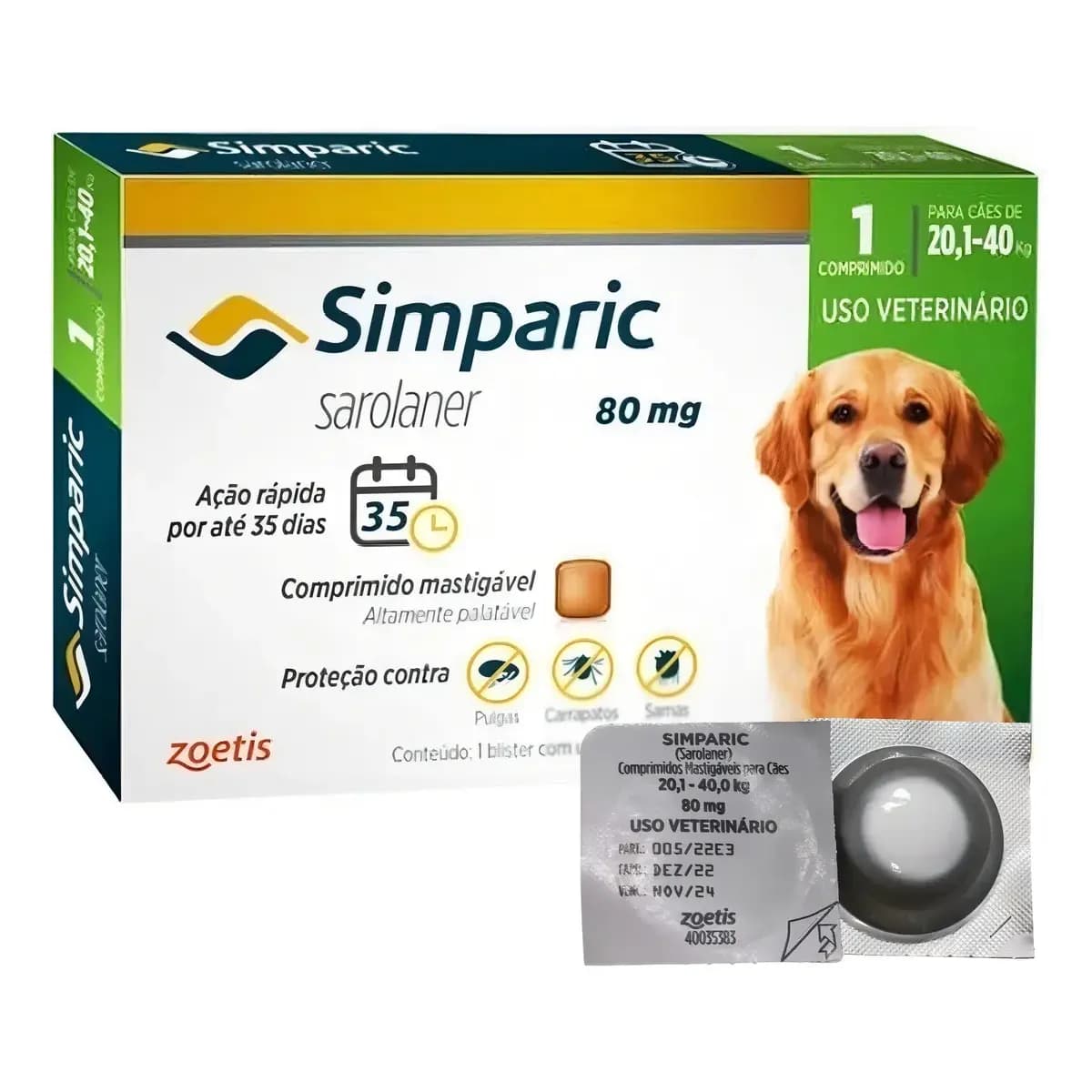 Zoetis Simparic 80mg Antipulgas Carrapatos Cães 20-40kg 1 Comprimido