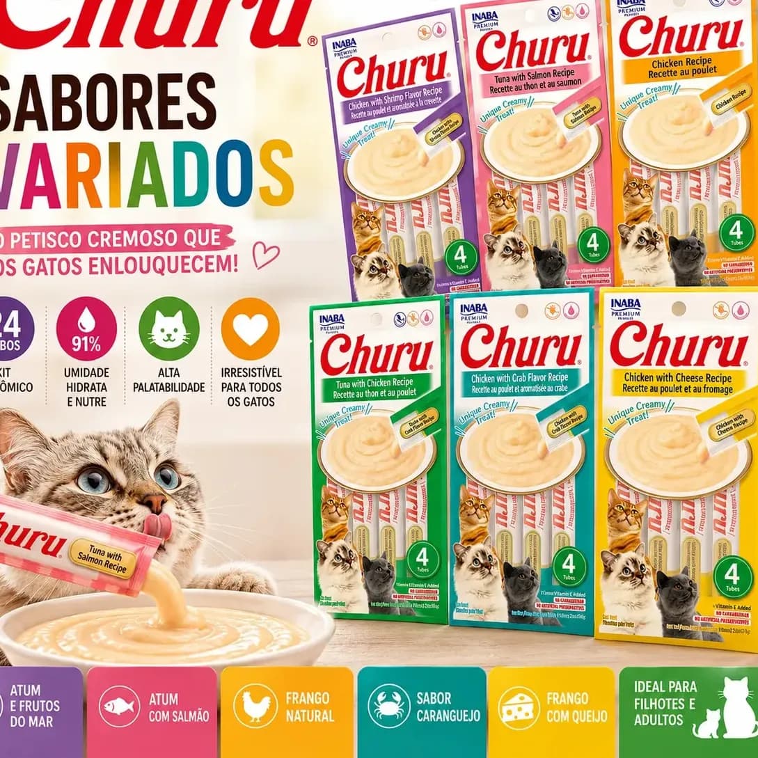 Churu para Gatos: Petisco Úmido com 6 Pacotes (24 Sachês) de Sabores Variados