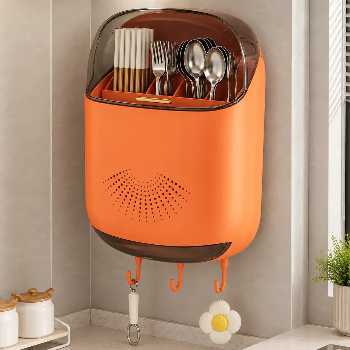 Porta Talheres De Parede Com Tampa Organizador Cozinha Laranja