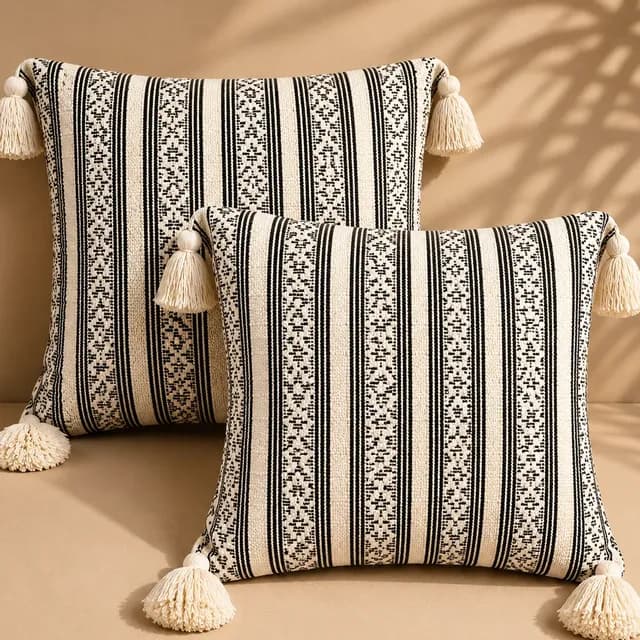 Kit Capa De Almofada Boho Pompom Piquet Cru Algodão 45x45