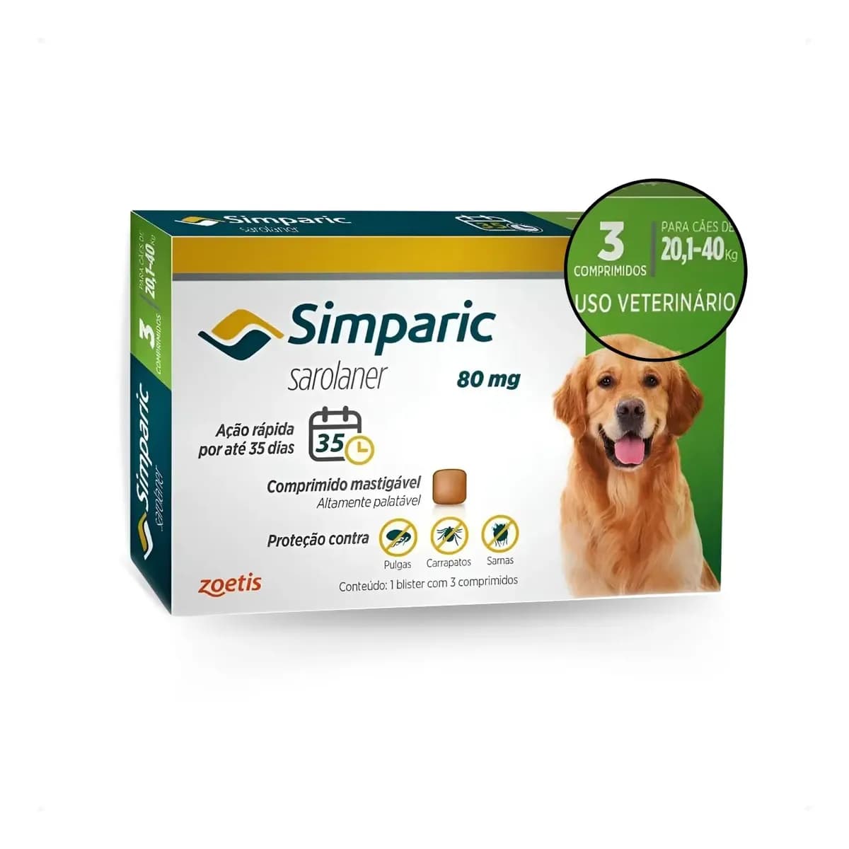Antipulgas Para Cães Simparic 80mg 20 A 40kg 3 Comprimidos Bege