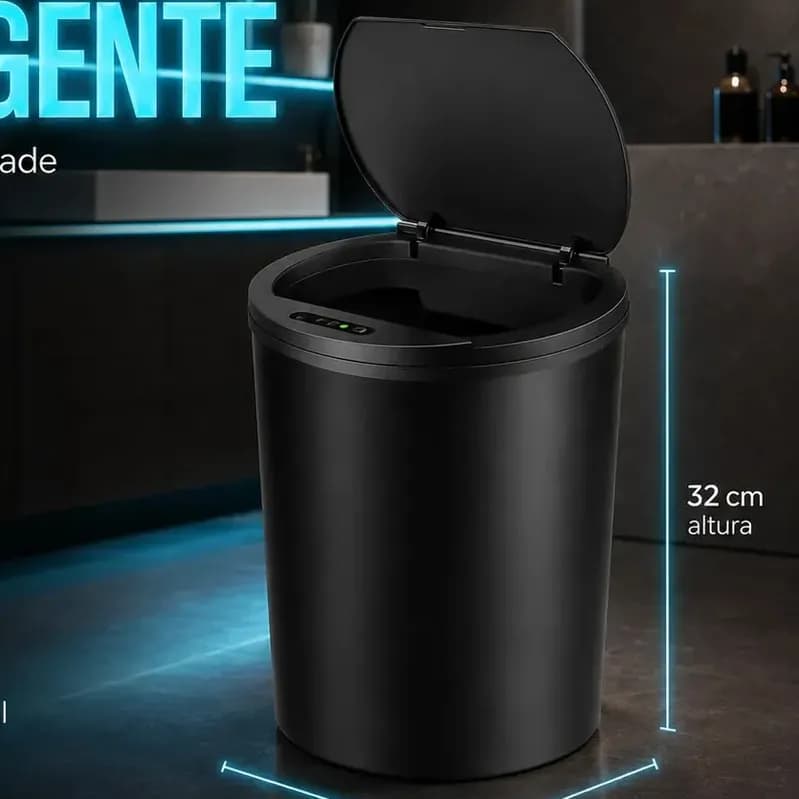 Lixeira Inteligente Automática Preta Universal Com Sensor Lumi Recarregável Anti Odor 16l