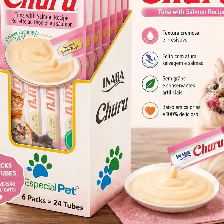 Churu para Gatos: Petisco Úmido de Atum e Salmão em Kit c/ 6 Pacotes (24 Sachês) - Especial Pet