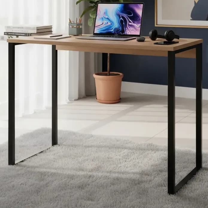 Escrivaninha industrial aço, mdf, mdp de 90cm x 76cm x 45cm amadeirado