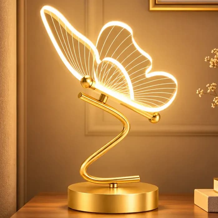 Abajur Borboleta Led 3 Cores Recarregáv Para Quarto Moderno Dourado 36v