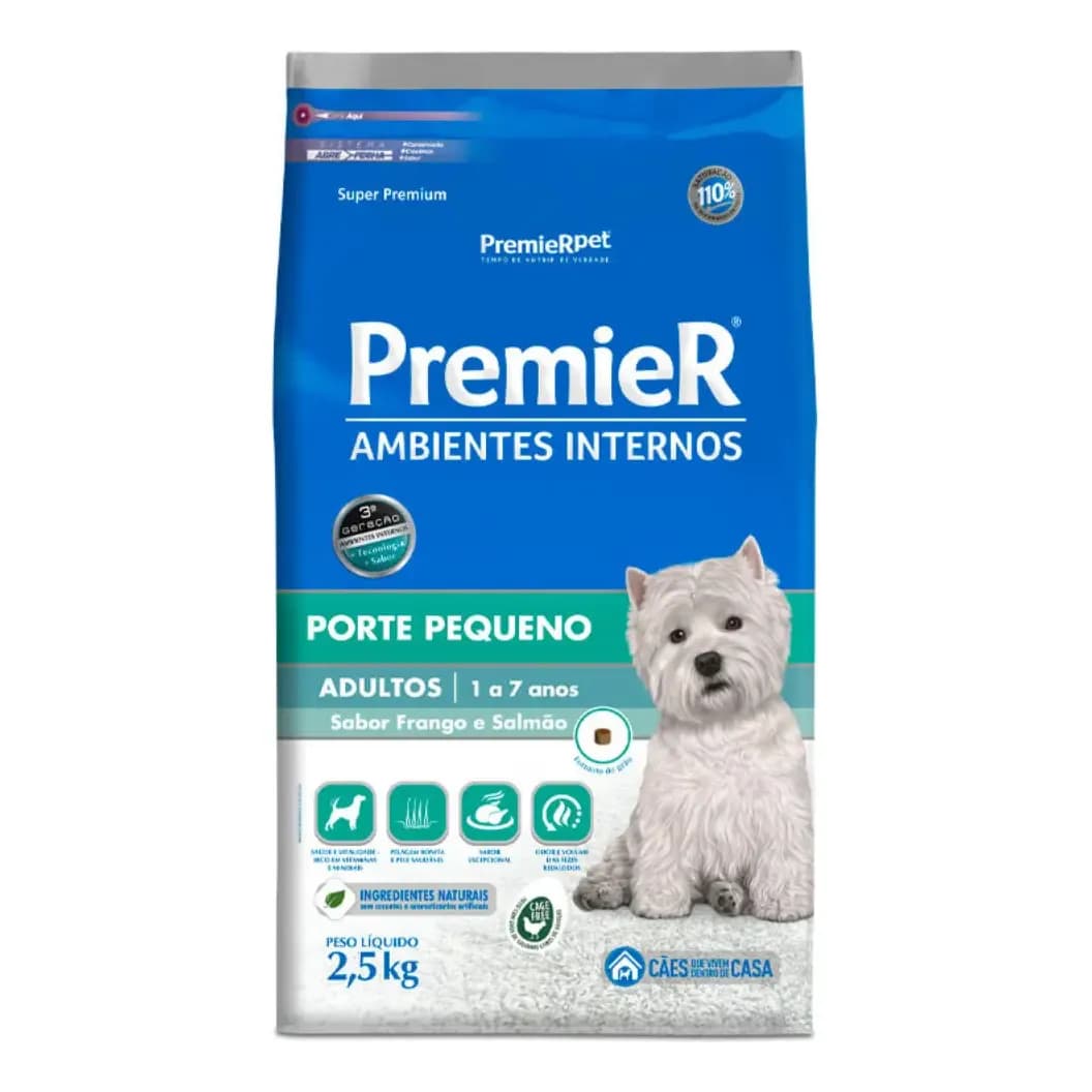Ração Premier Ambientes Internos Cães Adultos Raças Pequenas Frango e Salmão 2,5 kg