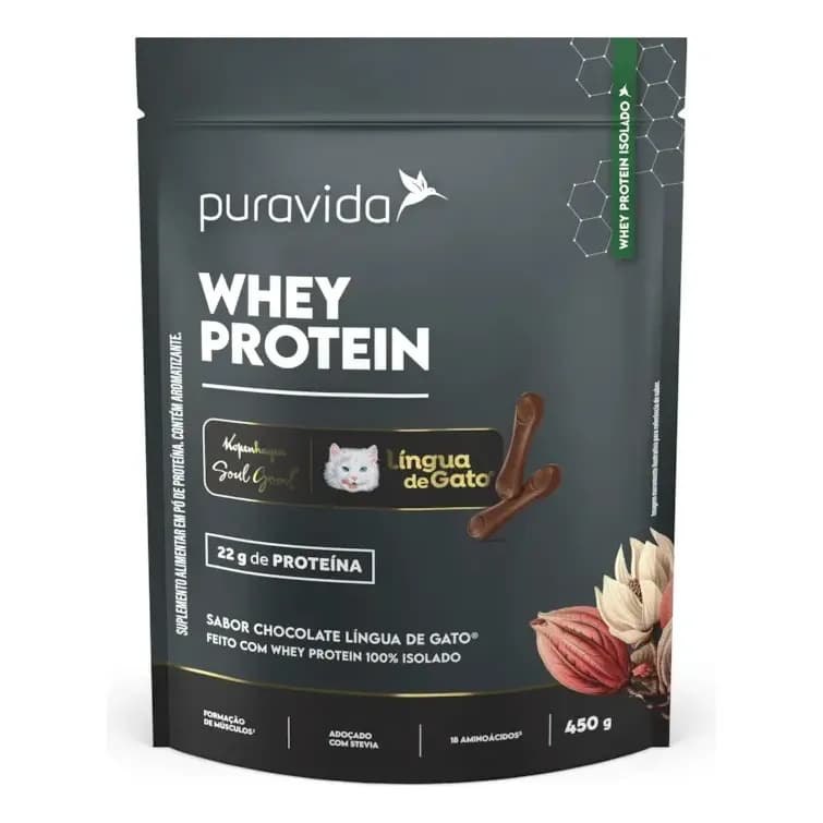 Proteína Isolada Do Soro De Leite Puravida Whey Isolado Em Pó Sabor Chocolate Língua De Gato 450g