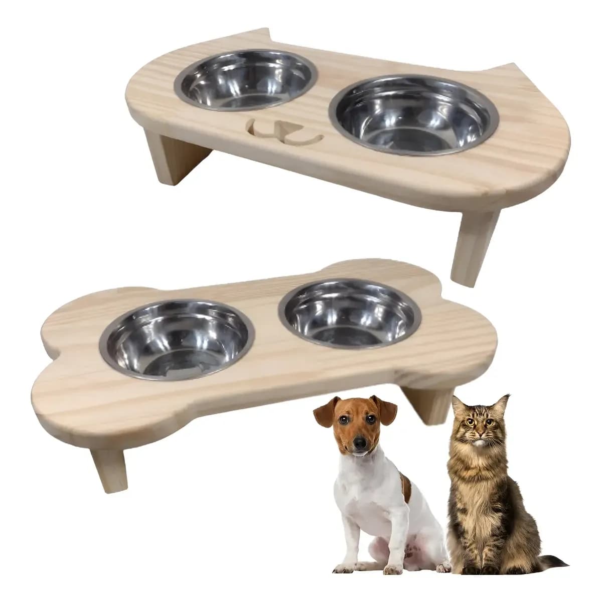 Comedouro Pet Bebedouro Cachorro Gato Elevado 2 Potes Tam P Madeira Pinus Cachorro