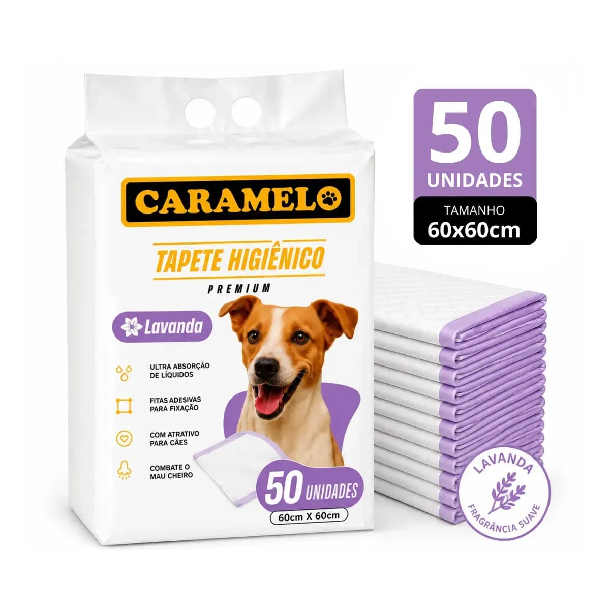 Tapete Higiênico Caramelo Para Cachorro - Lavanda 60x60 50 Unidades