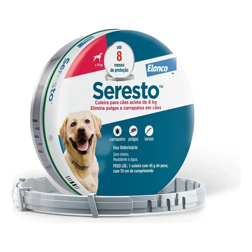 Coleira Seresto Elanco Antipulgas e carrapatos Cachorros +8kg 1unid Cor Cinza