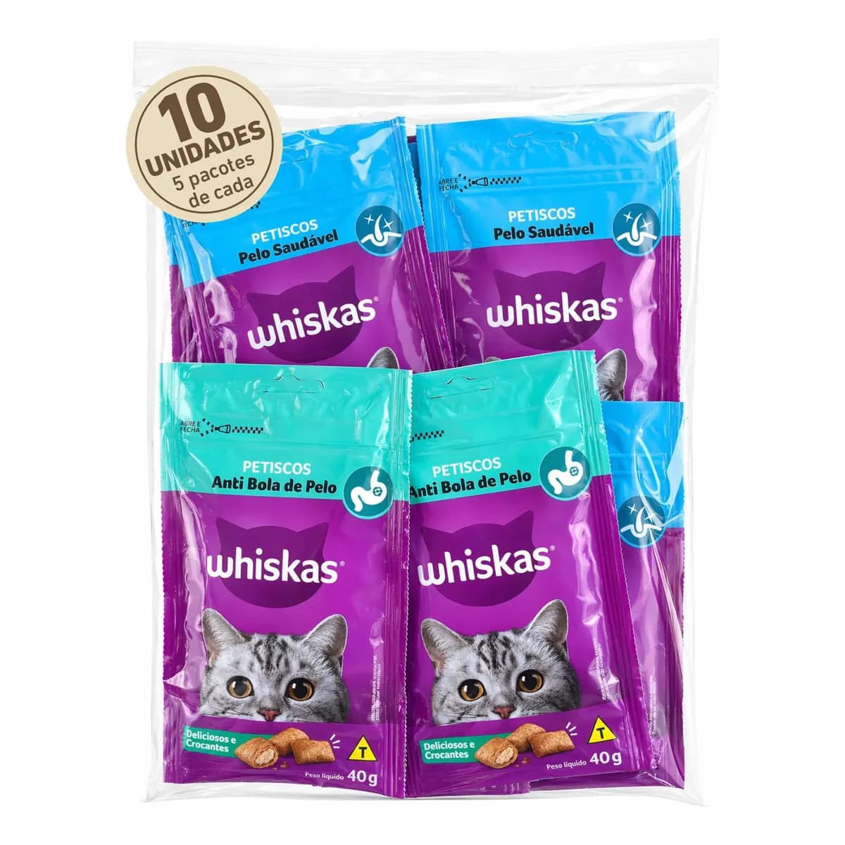 Kit 10 Whiskas Petisco Gatos 40g Anti Bola E Pelo Saudável