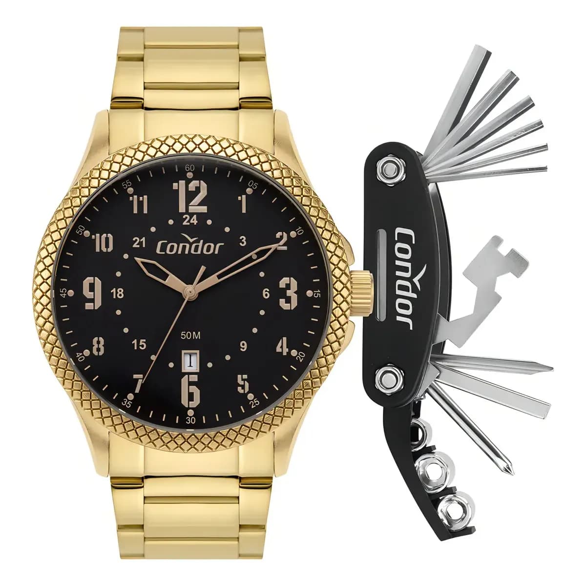 Relógio Masculino Condor Dourado + Kit Ferramentas Fundo Preto