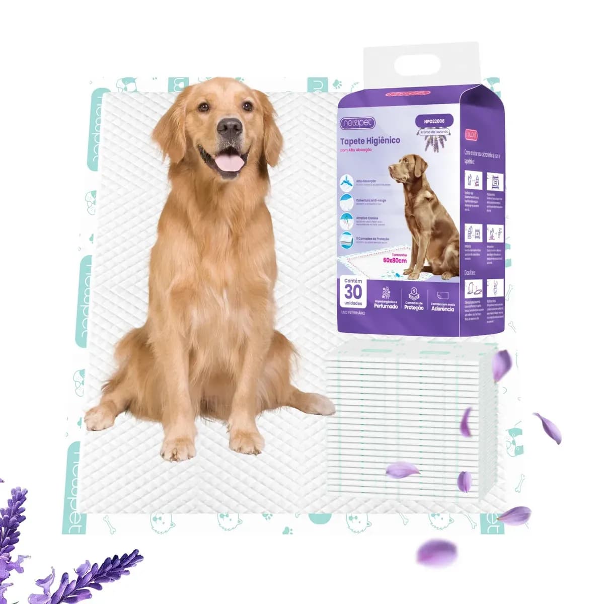 Tapete Higiênico New Pet com Aroma Lavanda, 30 Unidades 80x60cm, para Cães
