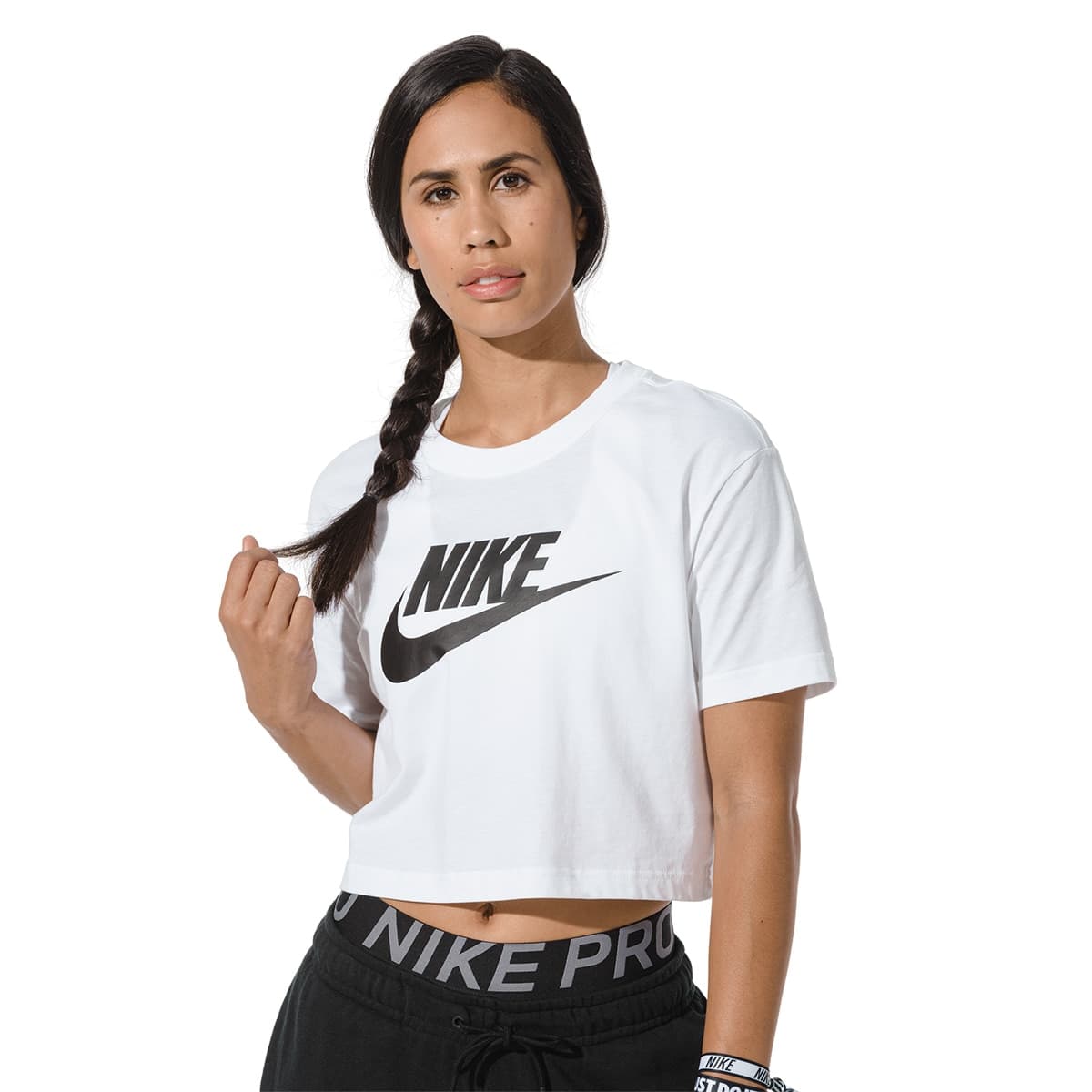 Camiseta Cropped Nike Sportswear Essential Cr Feminina Branco preto